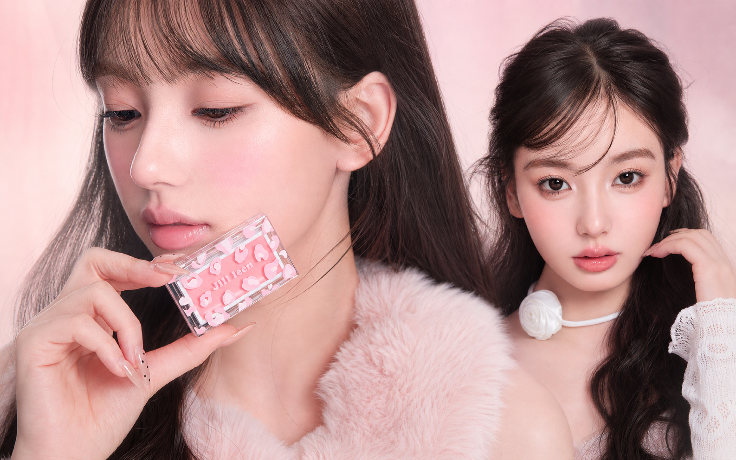 JILL LEEN blush cream campaign with a model holding the heart-pattern blush compact